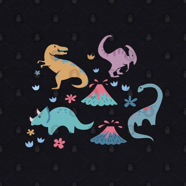 Dinosaur Pattern with Flowers and Volcanoes by latheandquill
